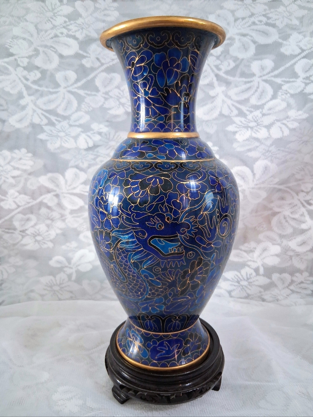 Vintage Large Cobalt Blue Cloisonne Vase Double Dragon 10" Tall